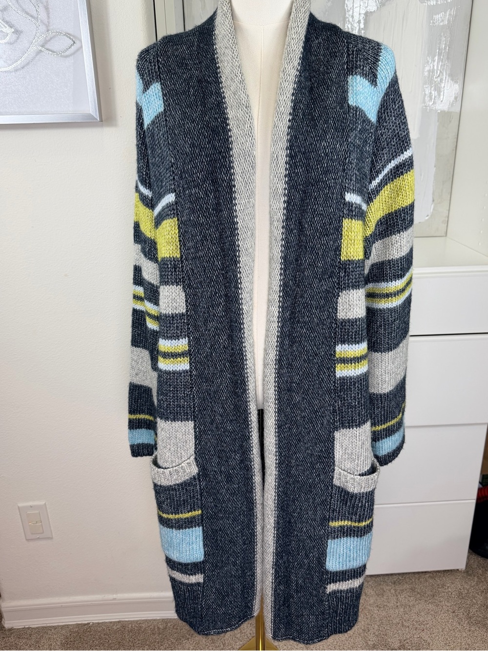 Jill NWT Striped Open Longline Cardigan Sweater Pockets Size Large